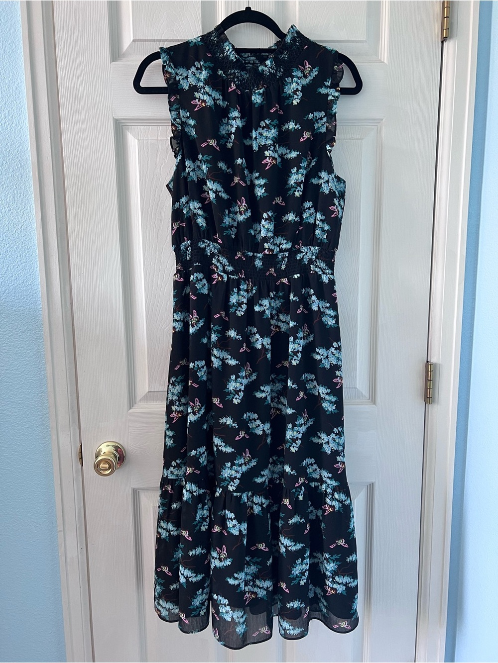JCrew Botanical Bees smocked midi black Floral Sleeveless